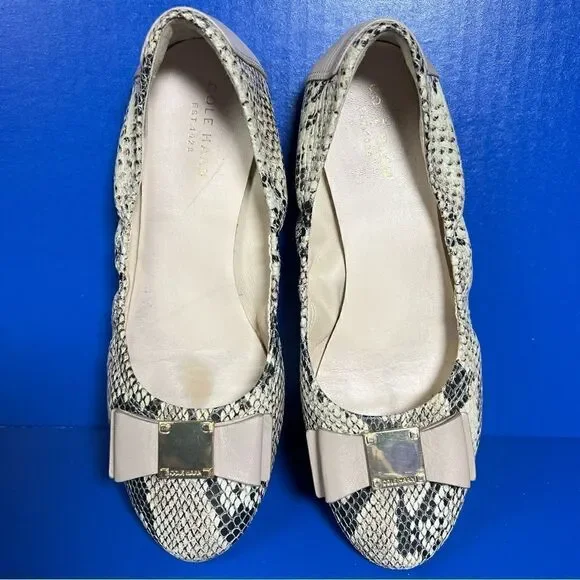 Cole Haan Womens Tali Bow Leather Ballet Flats in Natural Roccia Snake Print 6B - Picture 8 of 9